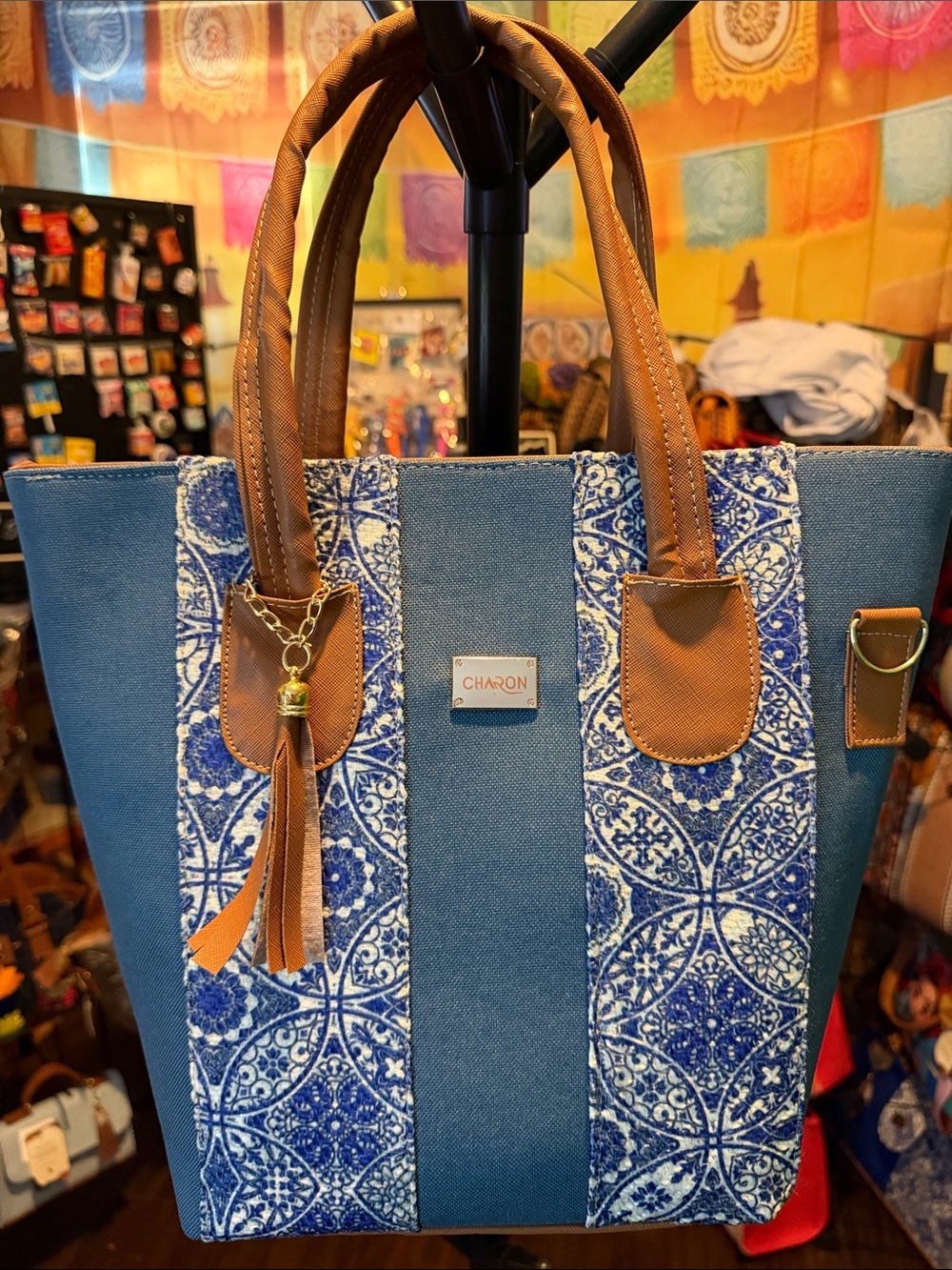 Blue Patterned Tote Bag with Brown Trim